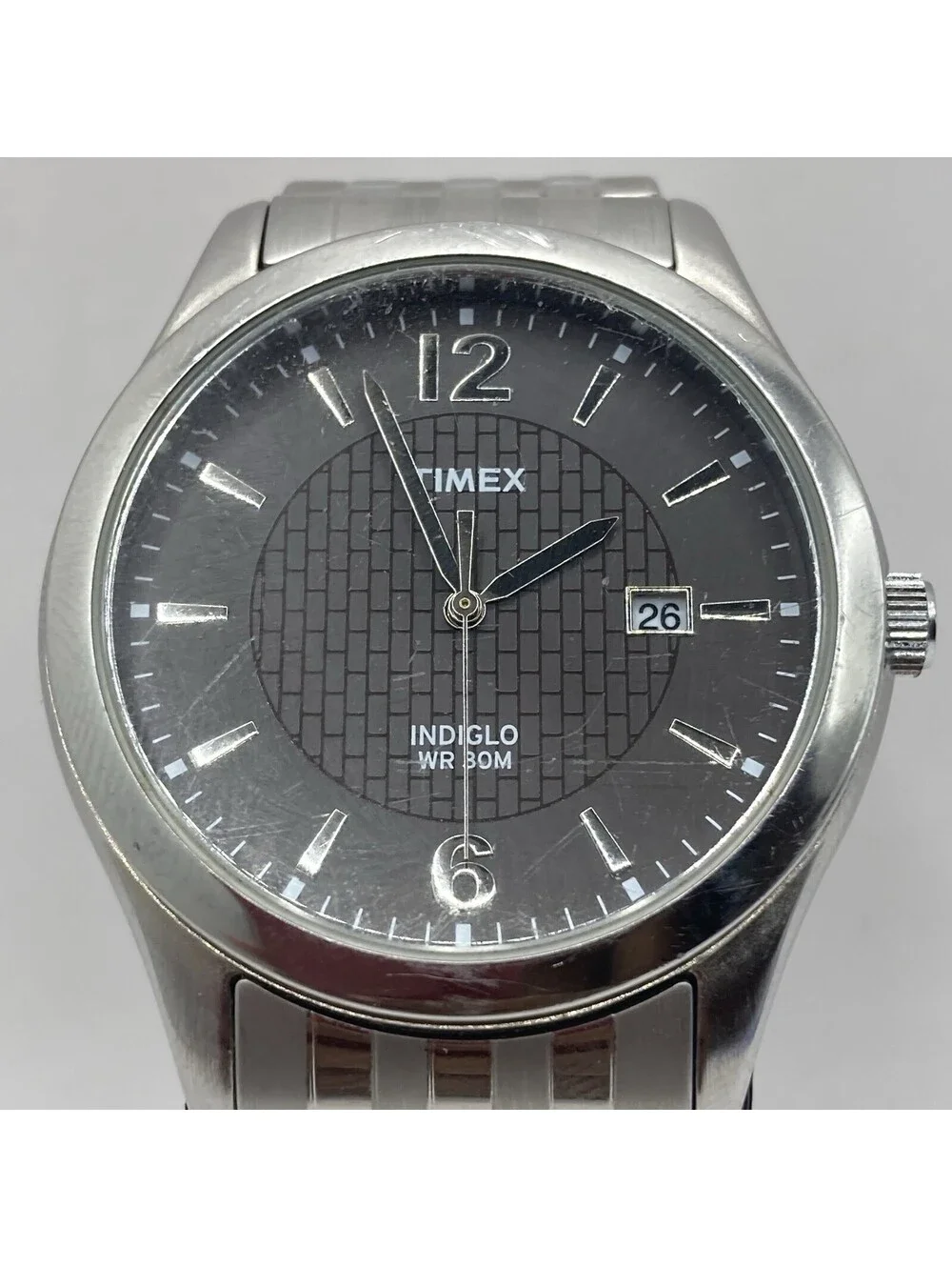 Timex Men's T2N848 Indiglo Dress Watch Charcoal Gray Brick Dial Date 39mm Silver